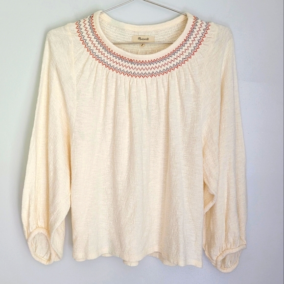 Madewell | Ivory Colored Long Sleeve Jacquard Embroidered Top - Picture 2 of 5